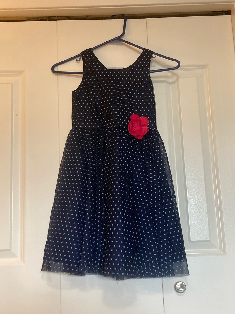 H&M Navy Polka Dot Dress with Hot Pink Flower Accent